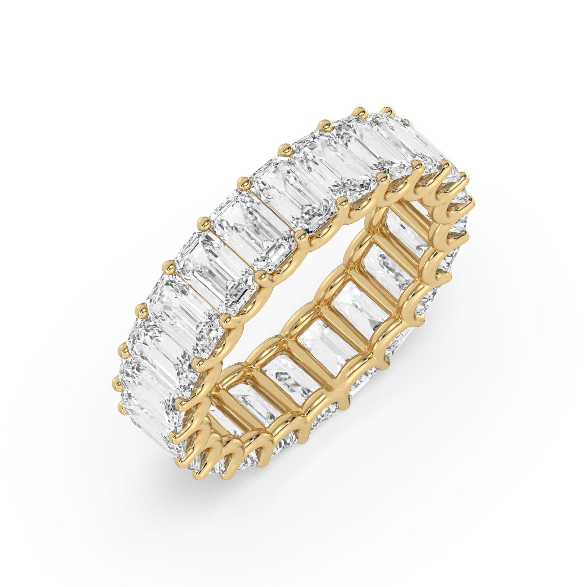 Angled view of yellow gold Emerald Cut Eternity Wedding Ring showcasing full circle moissanite brilliance.