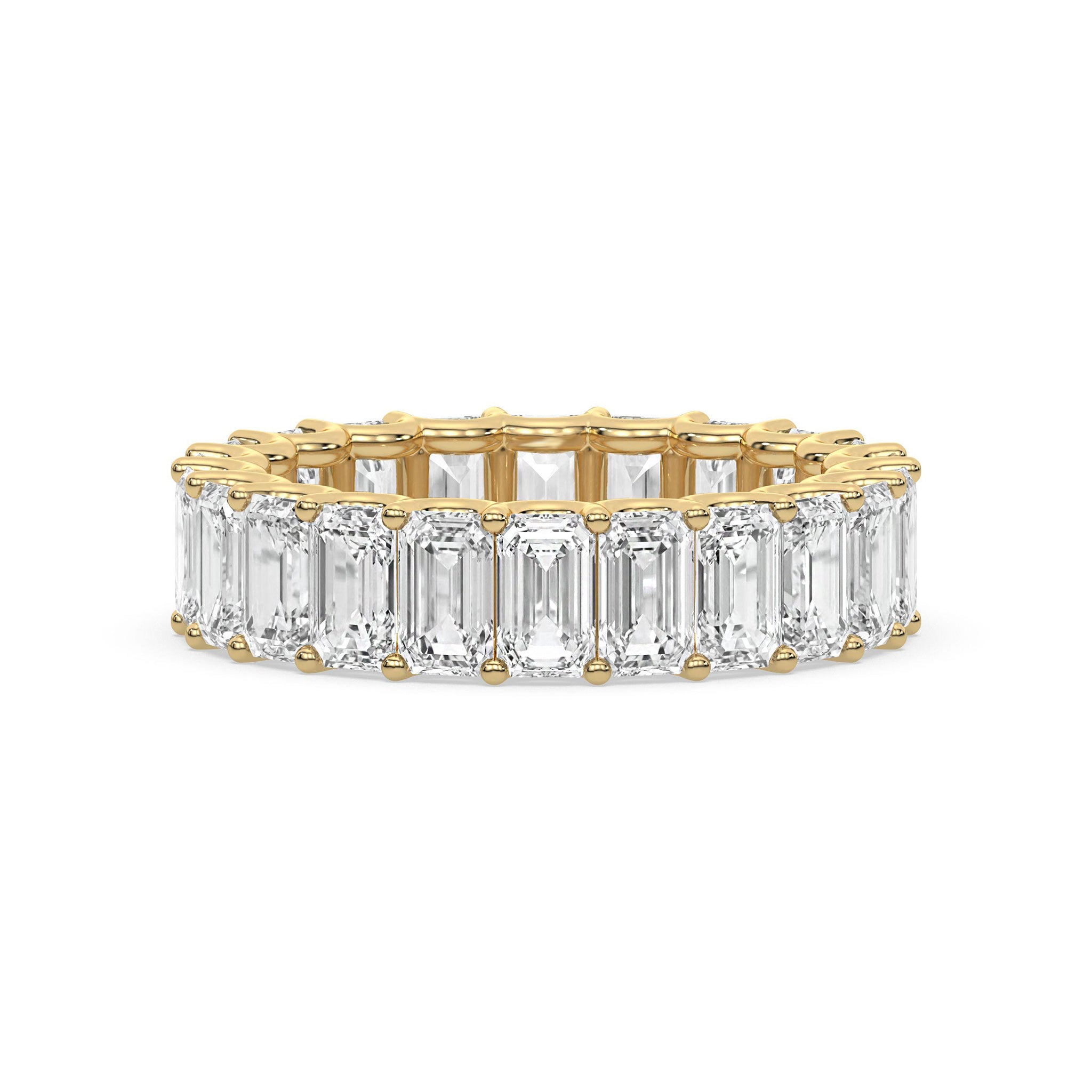Emerald Cut Eternity Wedding Ring in yellow gold with moissanite stones, perfect for stacking or as a bridal band.