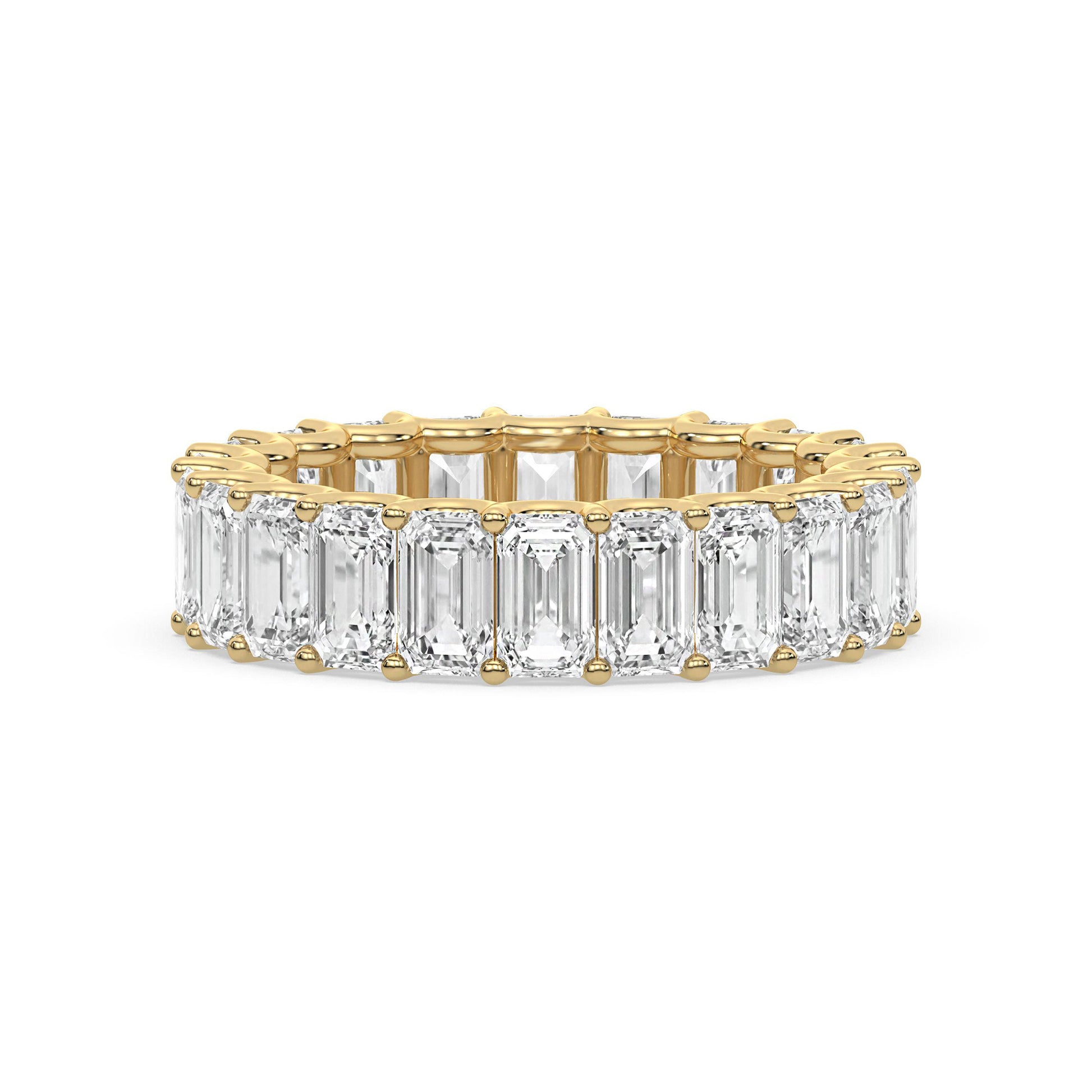 Emerald Cut Eternity Wedding Ring in yellow gold with moissanite stones, perfect for stacking or as a bridal band.