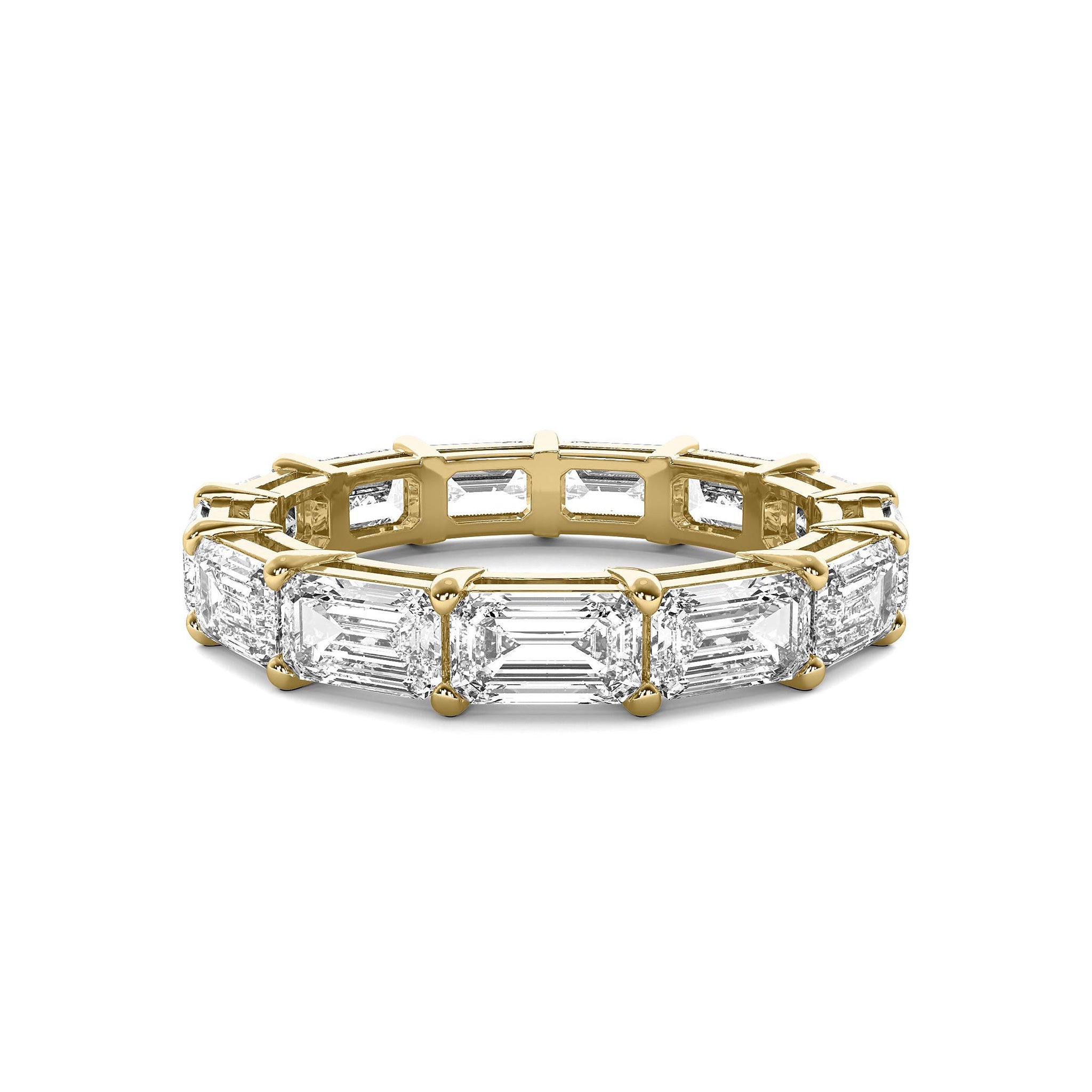 Emerald Cut Eternity Wedding Band in yellow gold with moissanite diamonds, showcasing a timeless and elegant full-band design.