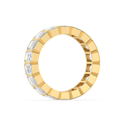 Side profile of yellow gold Emerald Cut Wedding Band highlighting the continuous bezel-set diamond design in a full eternity style.