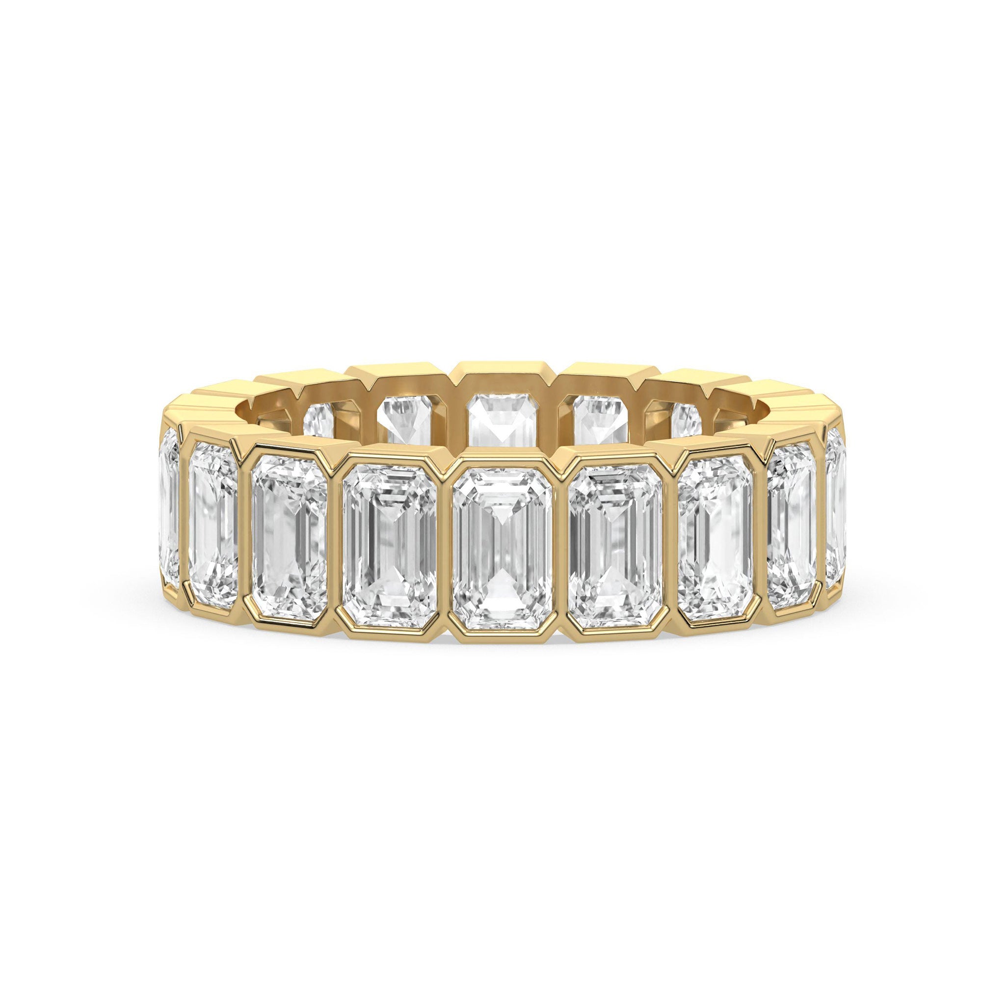 Emerald Cut Wedding Band in yellow gold with bezel-set step-cut diamonds, showcasing modern elegance and timeless design.