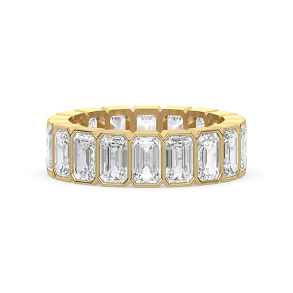 Emerald Cut Wedding Band in yellow gold with bezel-set step-cut diamonds, showcasing modern elegance and timeless design.