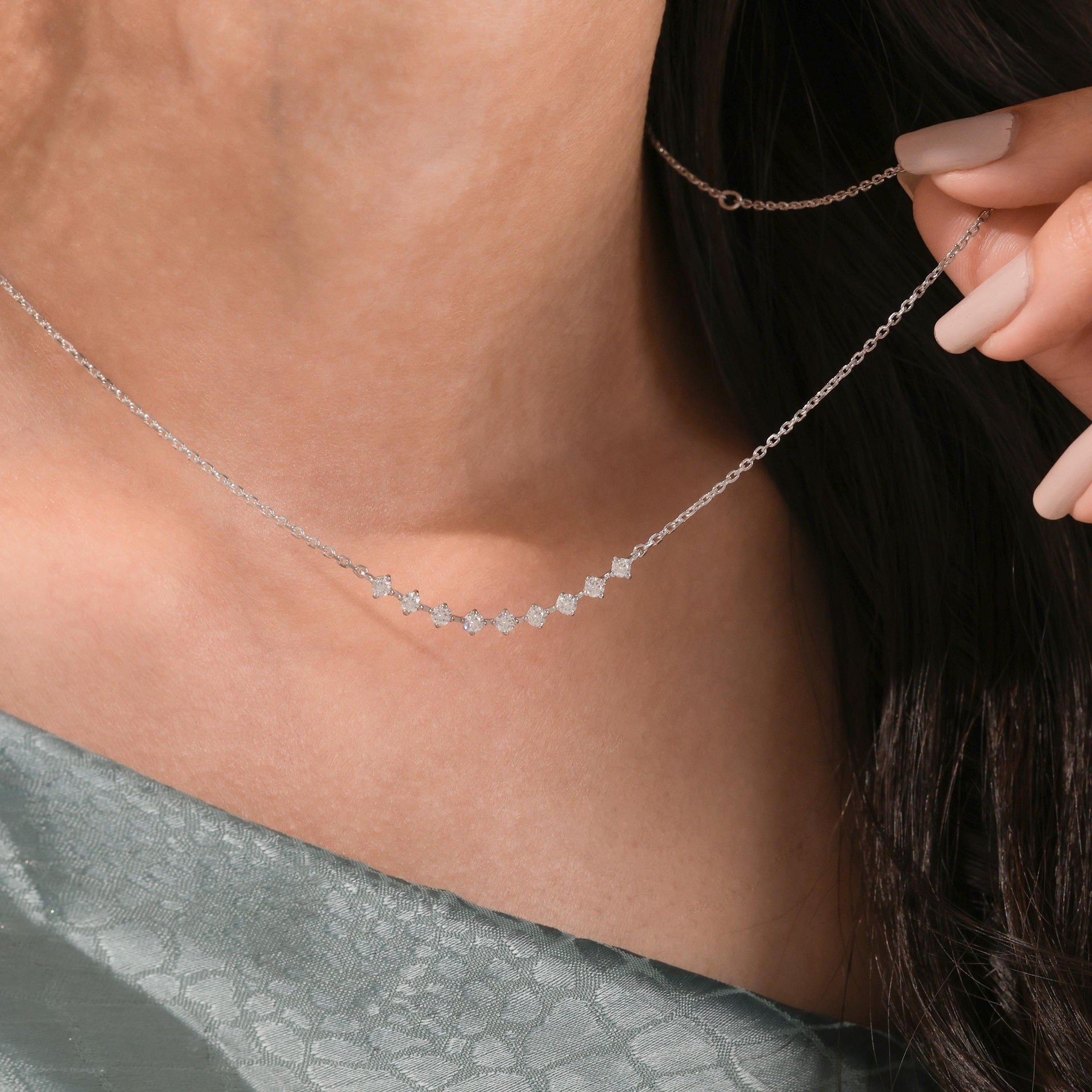 Delicate Floating Diamond Curve Bridal Wedding Necklace