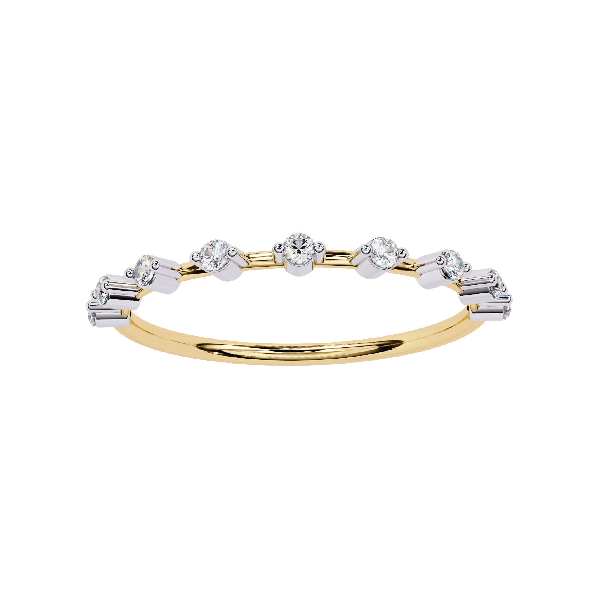 Minimalist yellow gold Petite Round Lab Diamond Wedding Ring featuring dainty round diamonds in a modern prong setting.