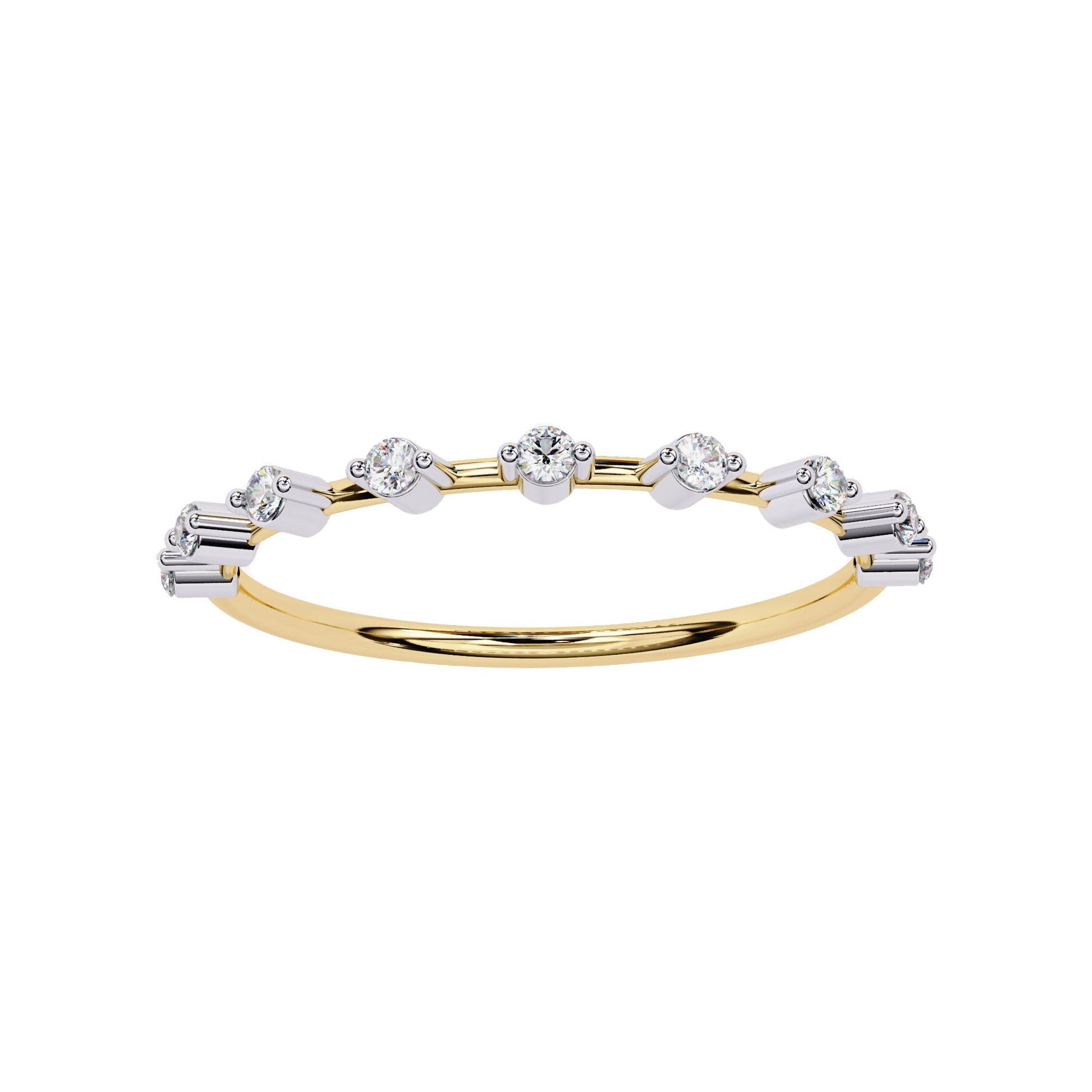 Minimalist yellow gold Petite Round Lab Diamond Wedding Ring featuring dainty round diamonds in a modern prong setting.