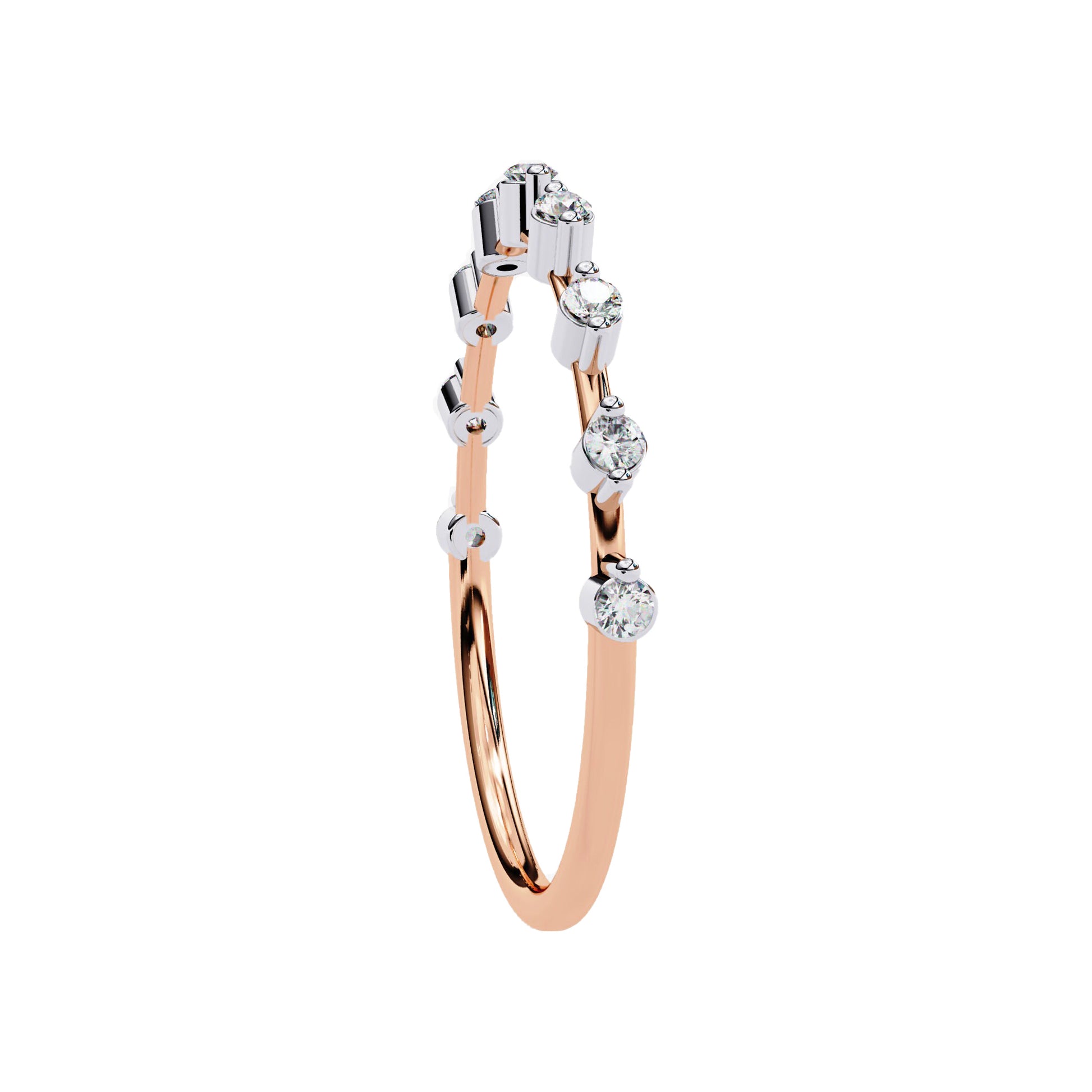 Side angle of rose gold Petite Round Lab Diamond Wedding Ring showcasing minimalist band and round diamonds.