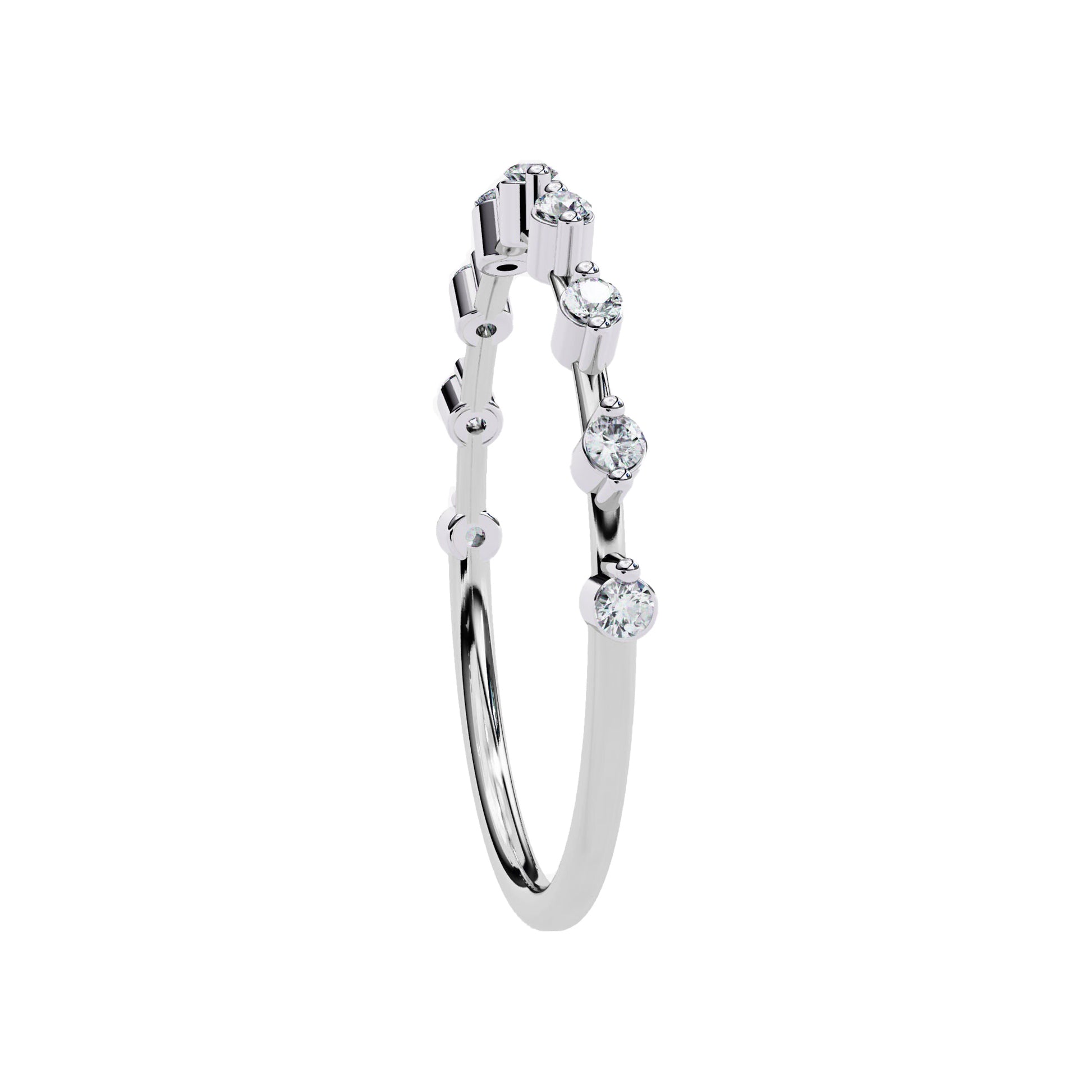 Angled view of white gold Petite Round Lab Diamond Wedding Ring with minimalist band and round diamonds.