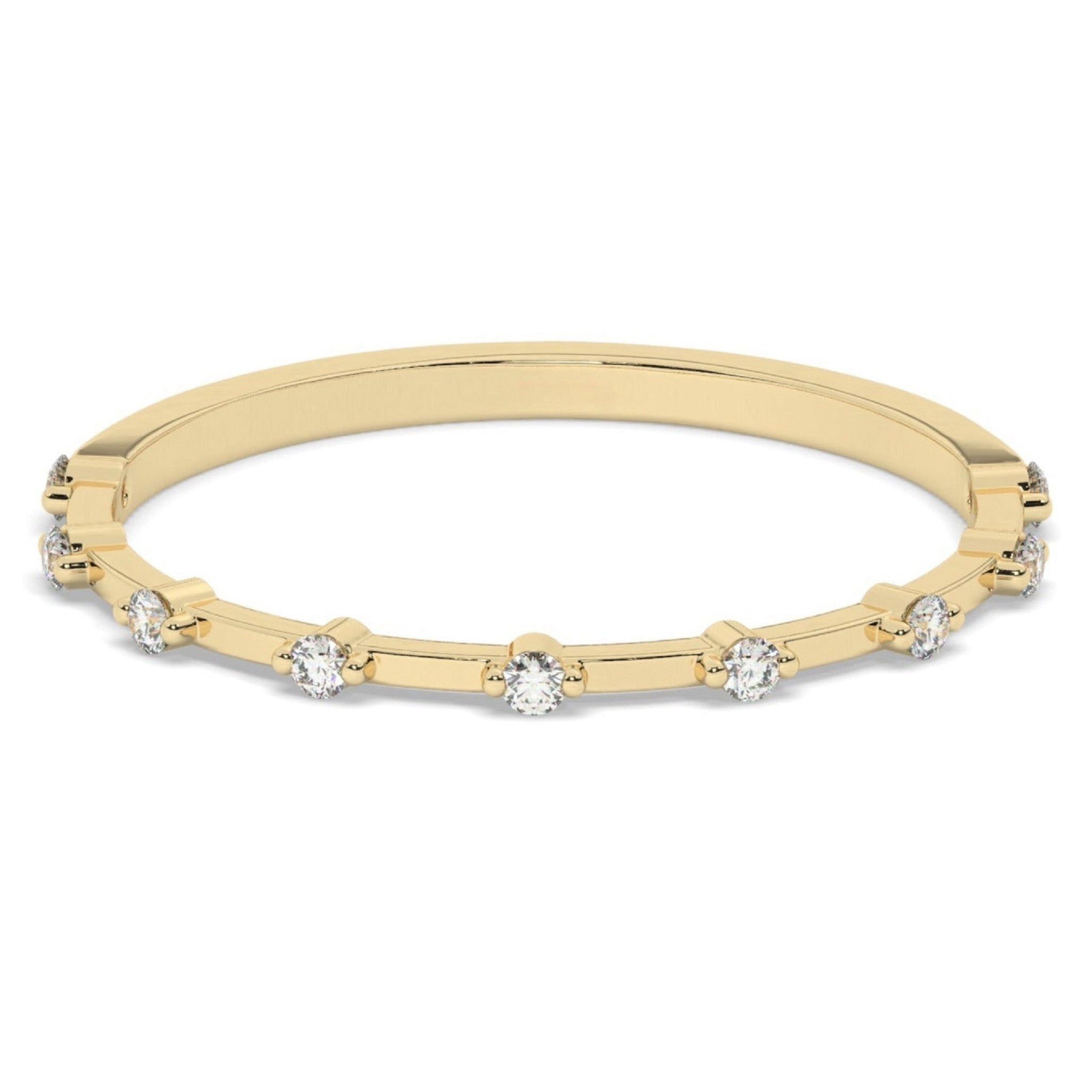 Diamond Wedding Band - Minimalist in yellow gold with round pavé-set lab diamonds spaced evenly on a slender band, ideal for stacking or solo wear.