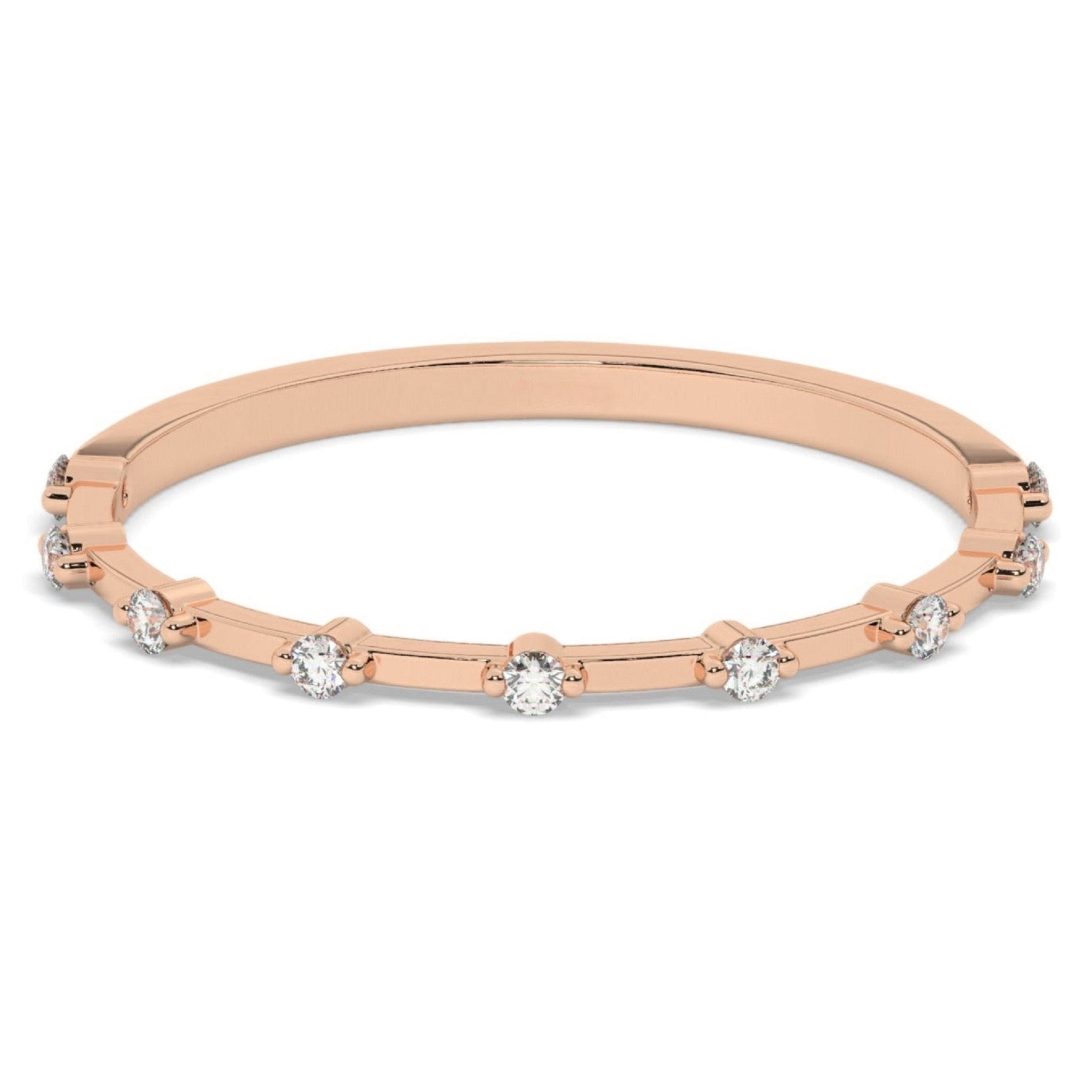 Diamond Wedding Band - Minimalist in rose gold with evenly spaced round lab diamonds, perfect for stacking or wearing as a delicate wedding ring.
