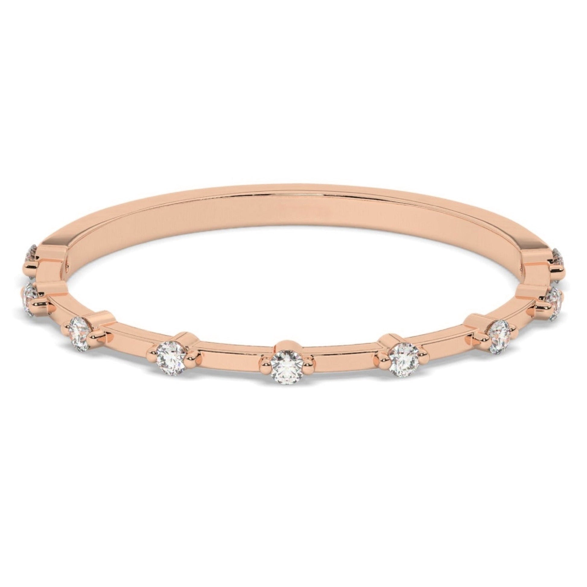 Diamond Wedding Band - Minimalist in rose gold with evenly spaced round lab diamonds, perfect for stacking or wearing as a delicate wedding ring.