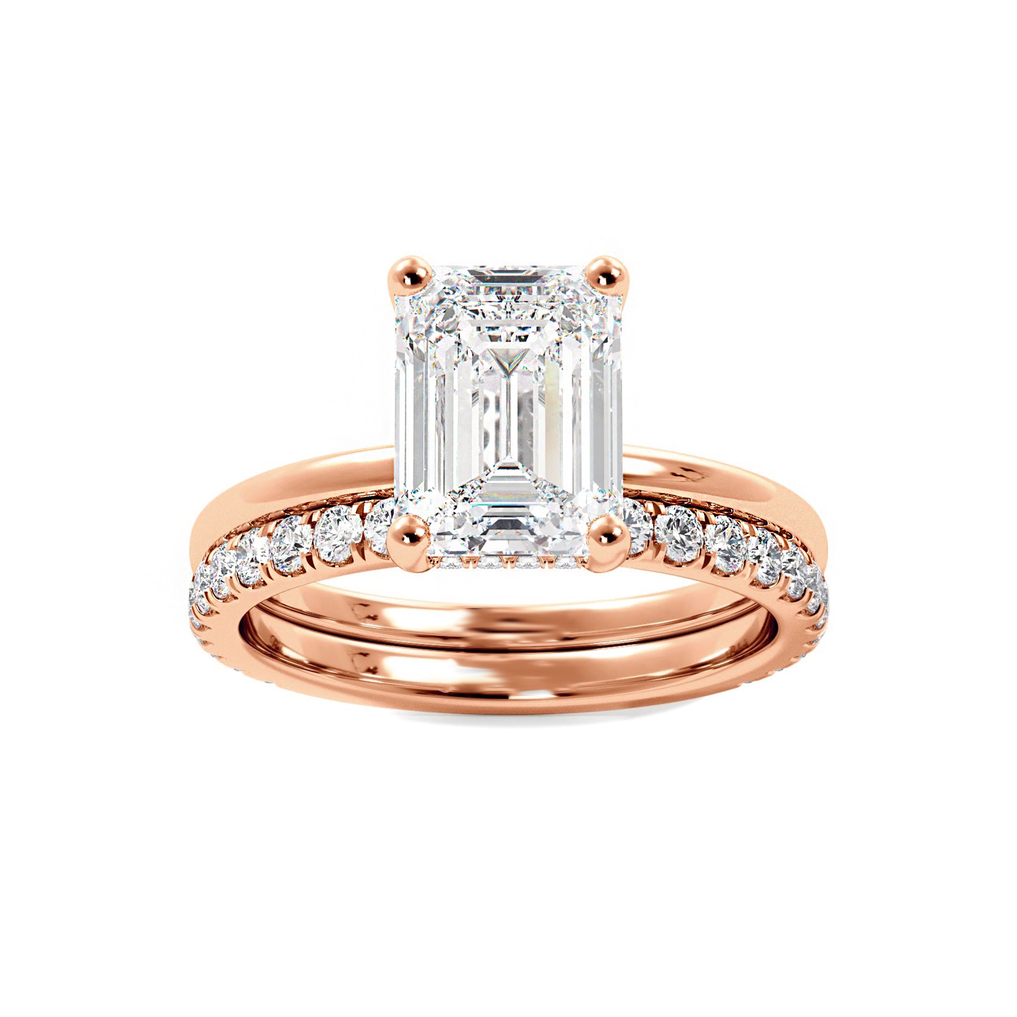 Emerald Cut Moissanite Hidden Halo Bridal Set