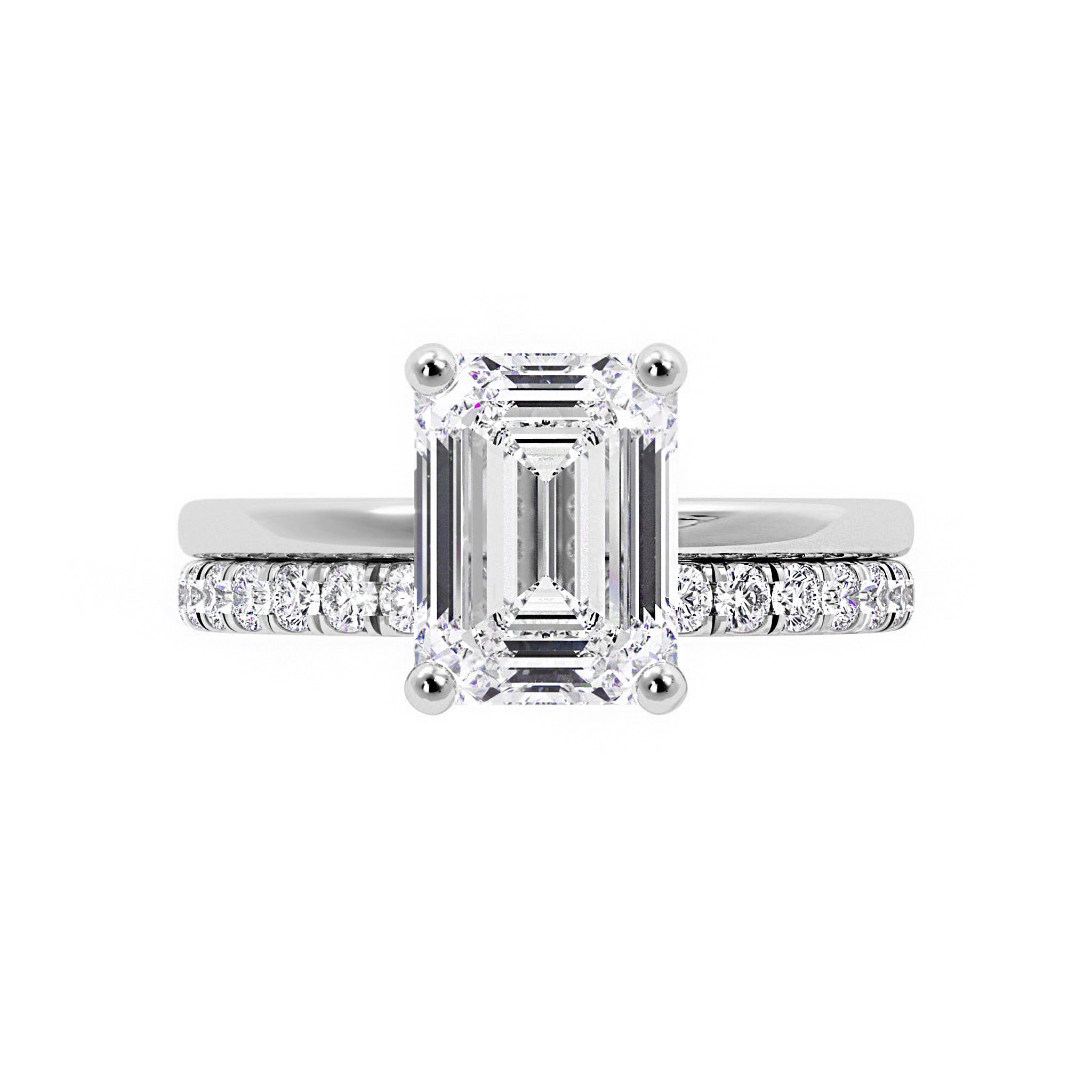 Emerald Cut Moissanite Hidden Halo Bridal Set