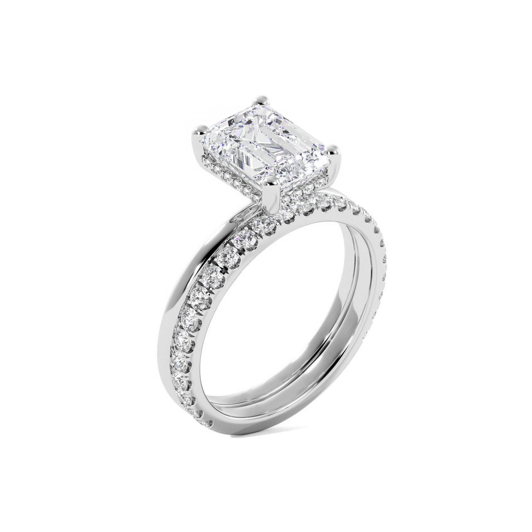 Emerald Cut Moissanite Hidden Halo Bridal Set