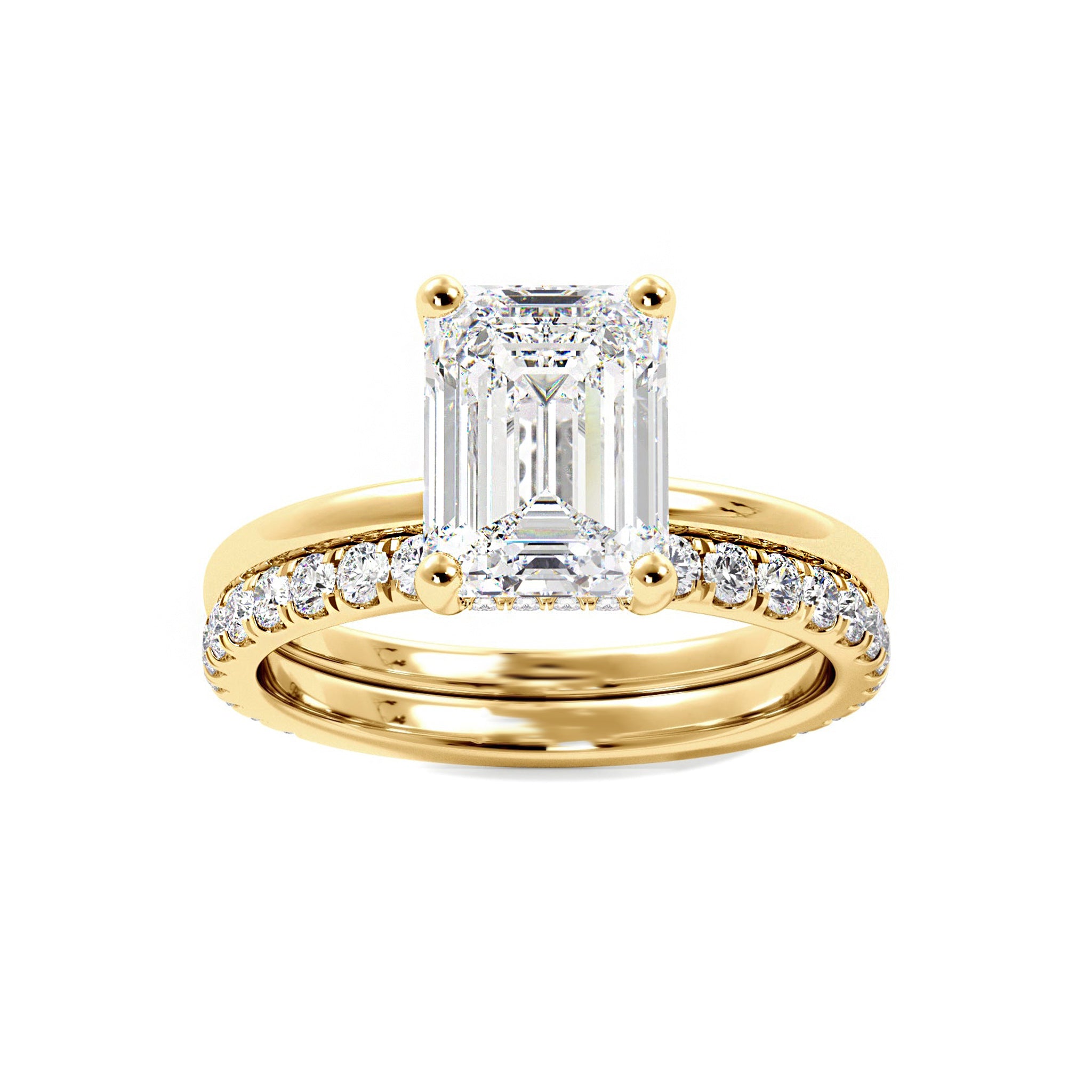 Emerald Cut Moissanite Hidden Halo Bridal Set