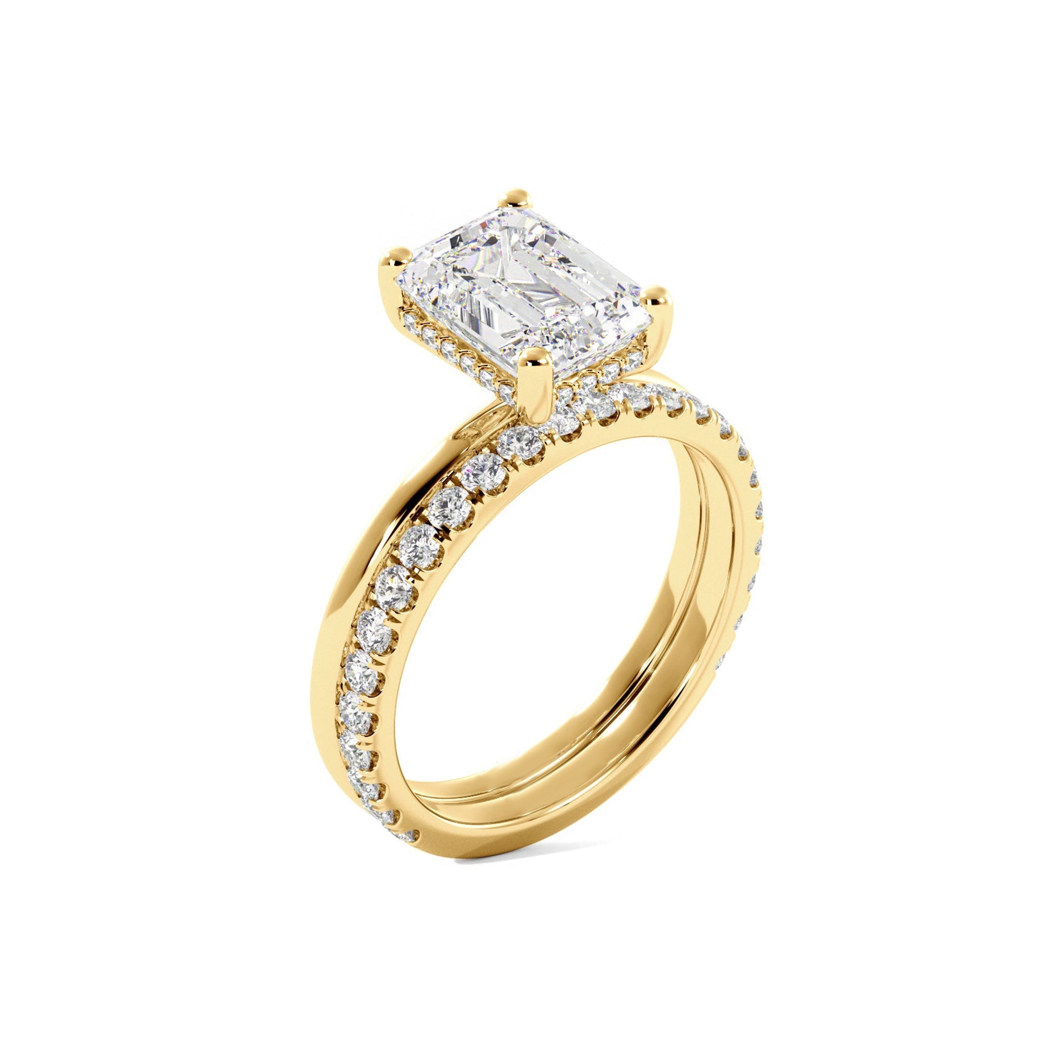 Emerald Cut Moissanite Hidden Halo Bridal Set