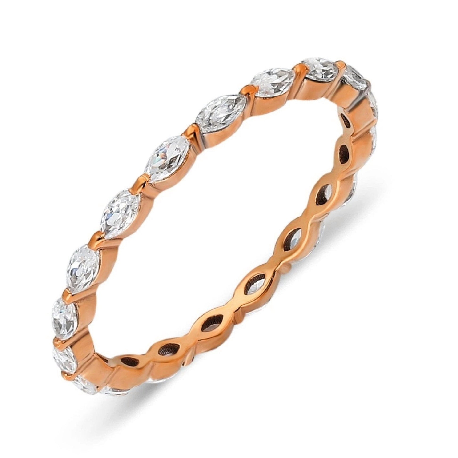 Rose gold Marquise Diamond Wedding Ring with lab-grown diamonds in a single prong setting, ideal for stacking or as a matching wedding band.