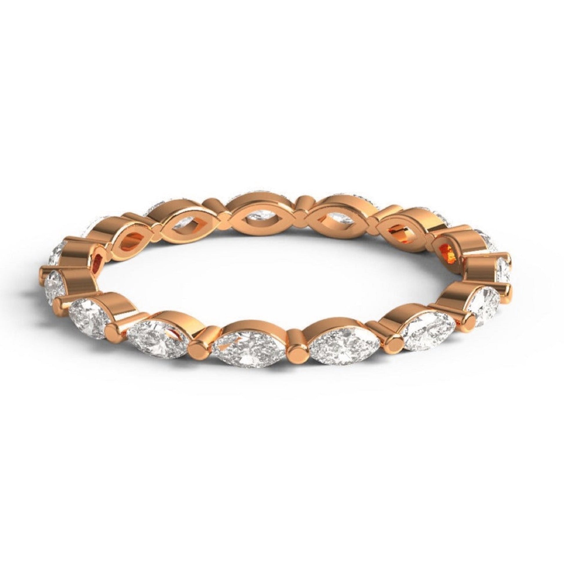 Elegant rose gold Marquise Diamond Wedding Ring featuring lab-grown diamonds in a delicate eternity band style for modern bridal wear.