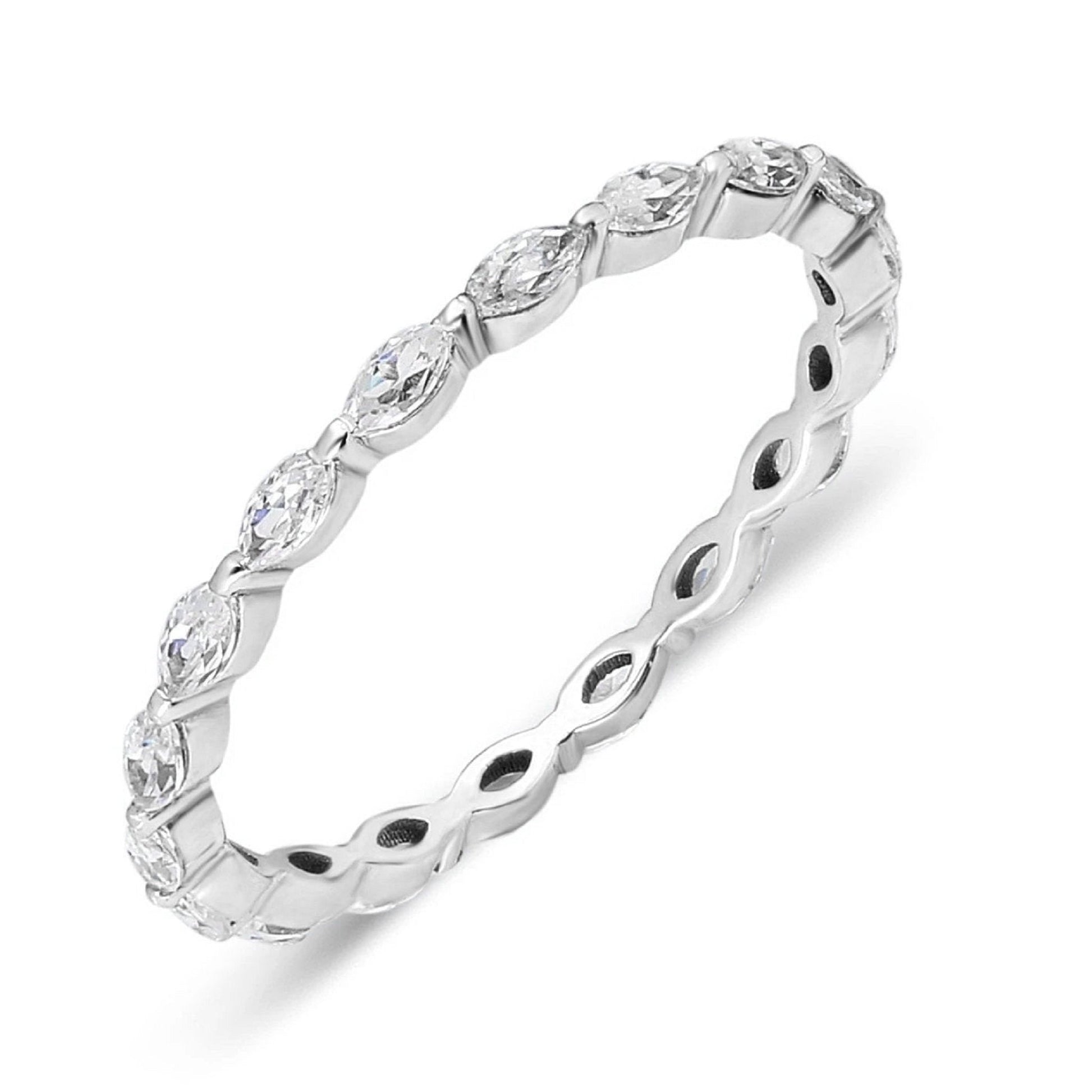 White gold Marquise Diamond Wedding Ring with lab-grown diamonds in a single prong setting, designed for stacking or as a wedding band.