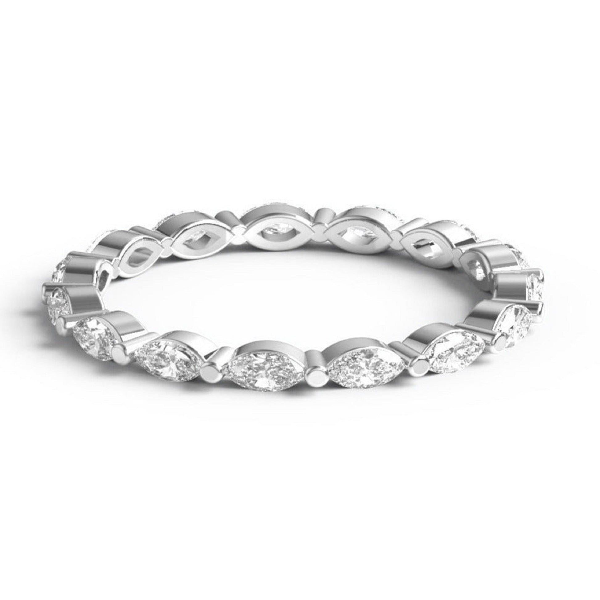 Delicate white gold Marquise Diamond Wedding Ring with lab-grown diamonds in an eternity band style, perfect for weddings or stacking.