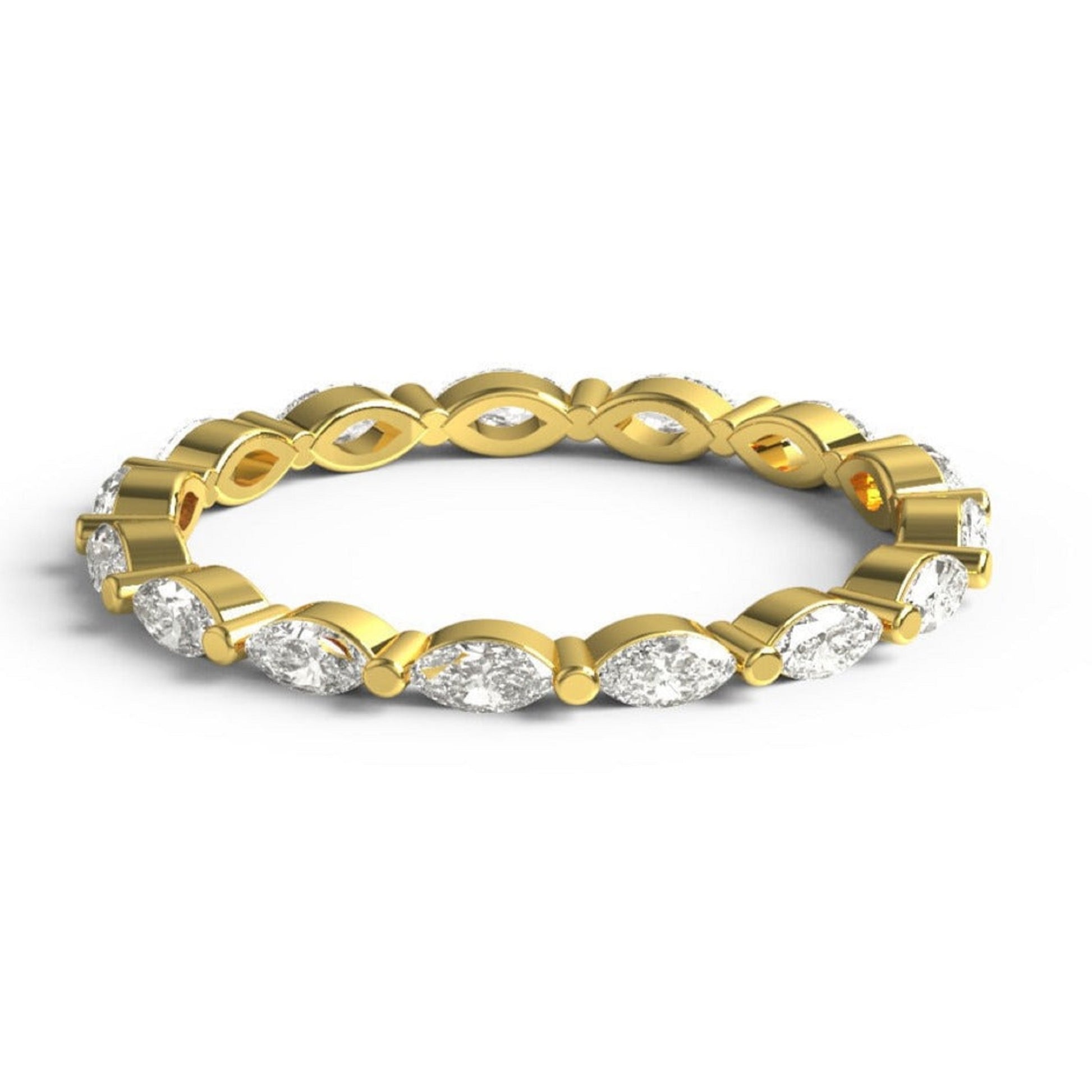 Marquise Diamond Wedding Ring in yellow gold with lab-grown diamonds in a delicate single prong setting, perfect for stacking or as a wedding band.