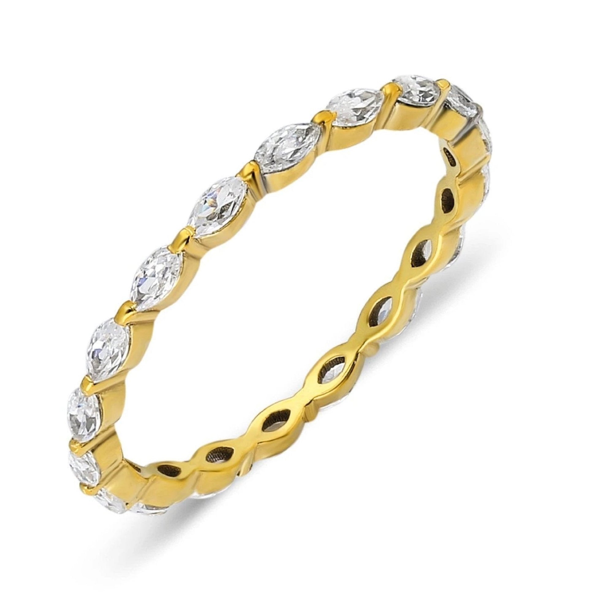 Delicate yellow gold Marquise Diamond Wedding Ring featuring lab-grown diamonds in a continuous single prong design for elegant bridal jewelry.
