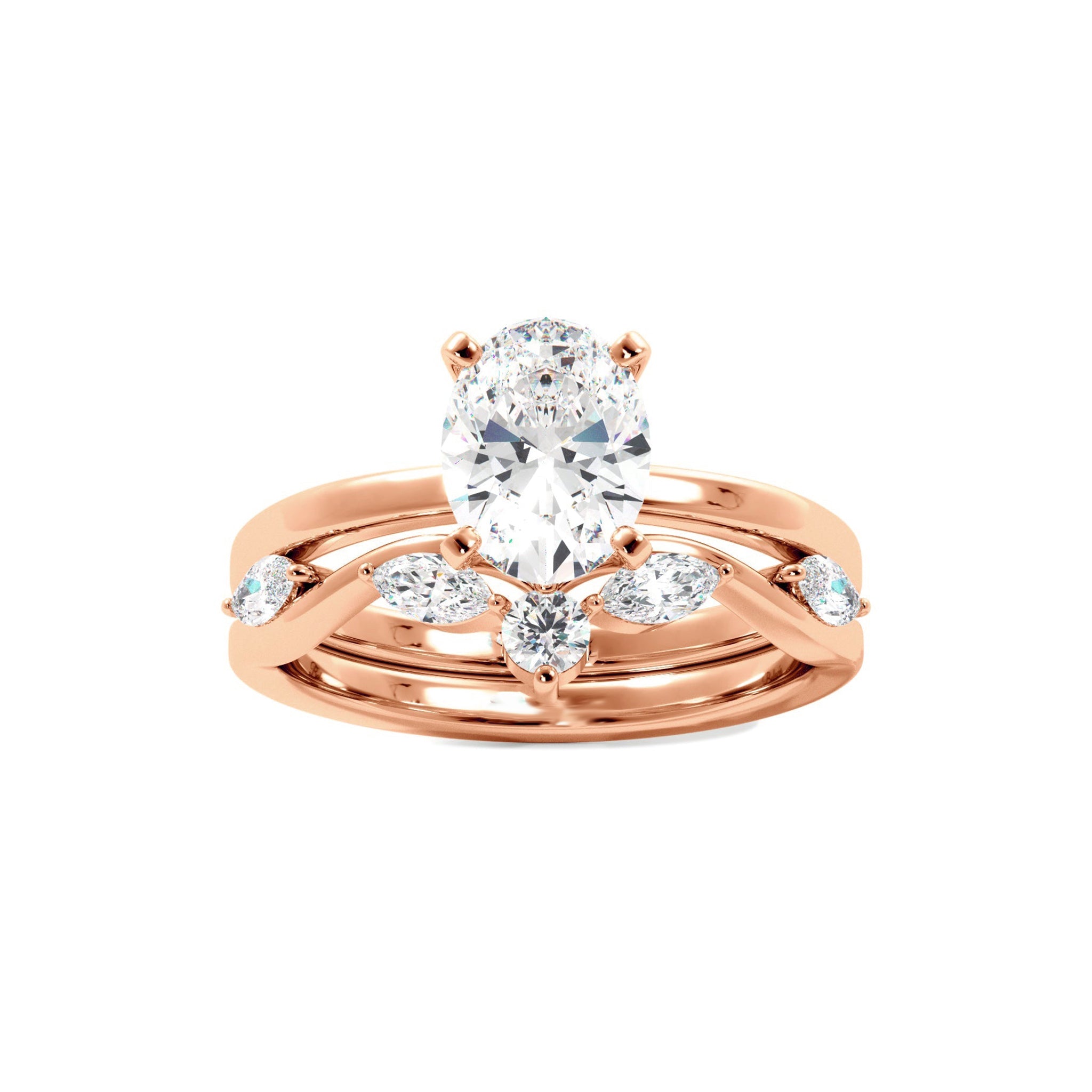 Solitaire Oval Diamond Ring With Marquise Floral Band