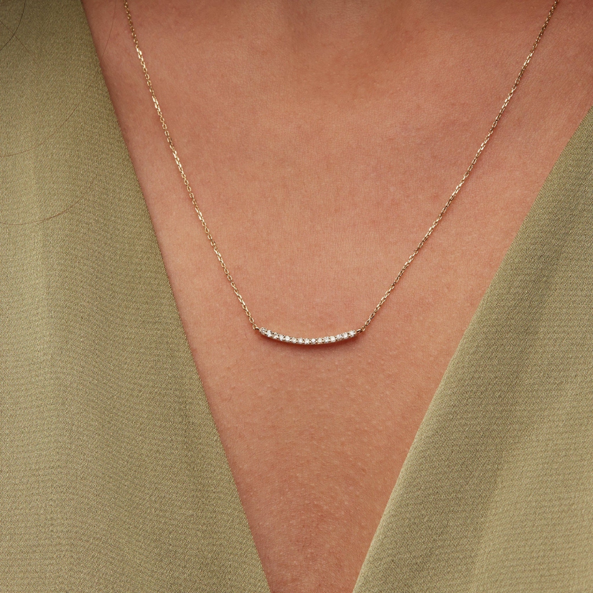 Dainty Pave Diamond Curved Bar Necklace for Women