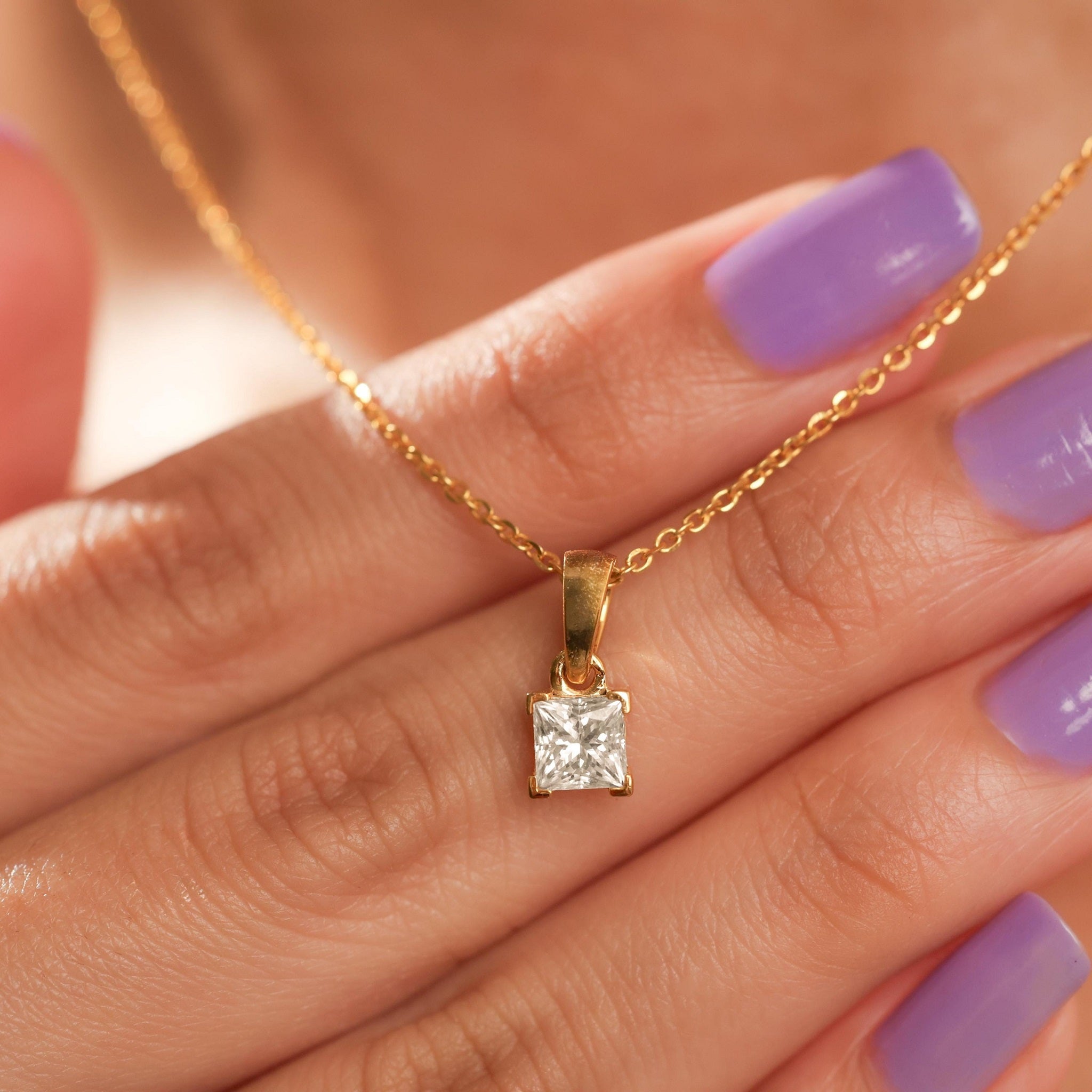 Square Shaped Solitaire Pendant Necklace
