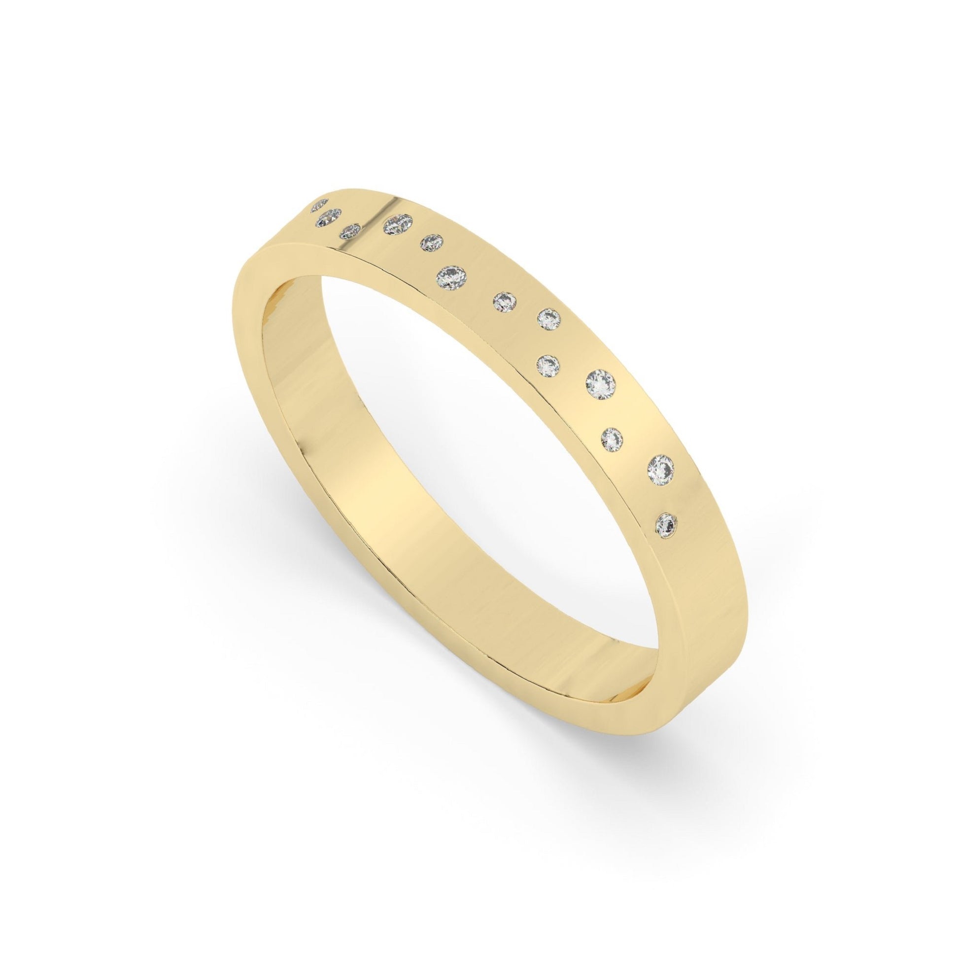 Angled view of yellow gold Flush Set Diamond Wedding Band featuring randomly scattered round lab diamonds. Sleek and contemporary ring design.
