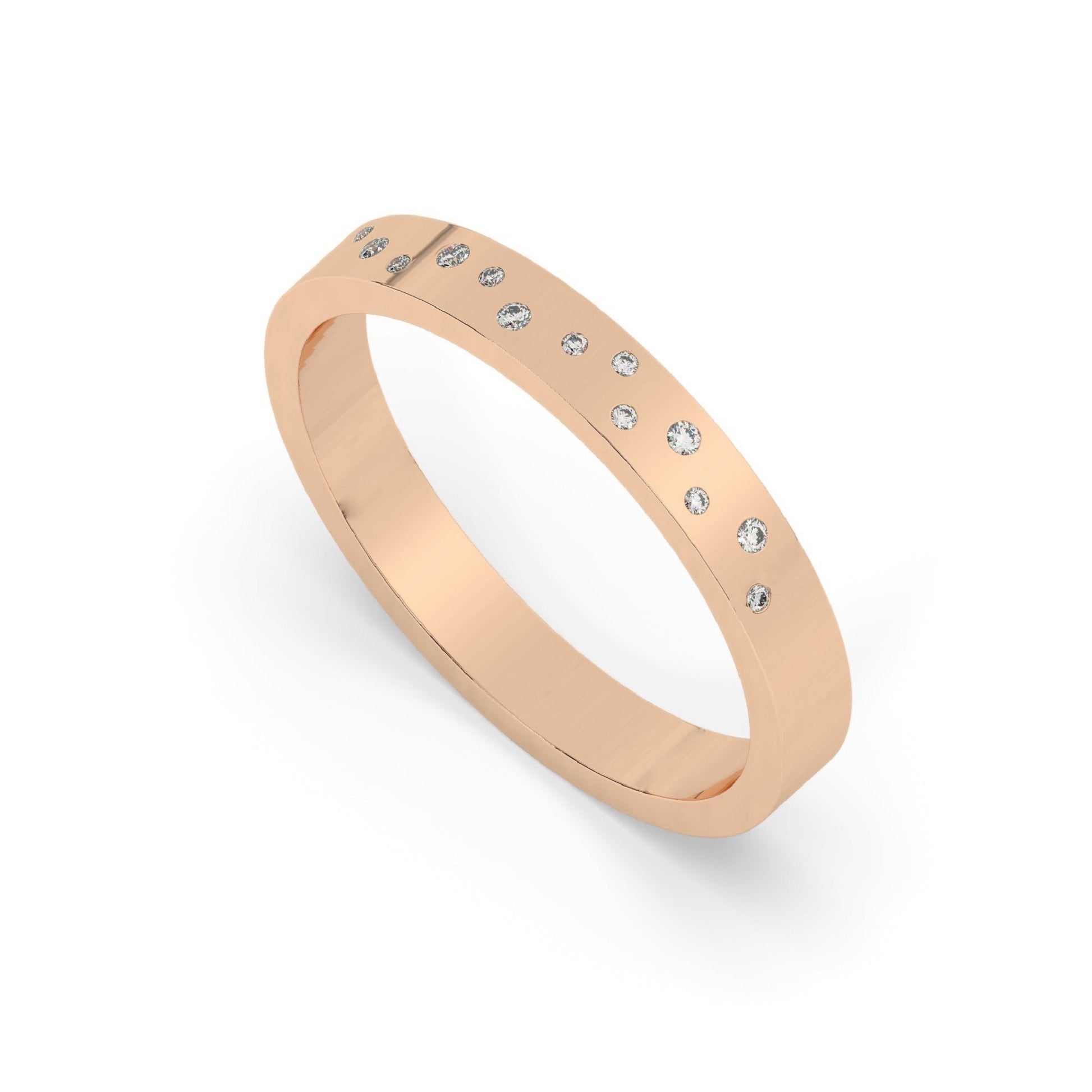 Angled view of rose gold Flush Set Diamond Wedding Band with scattered flush-set lab diamonds. Elegant and stylish for everyday or wedding wear.