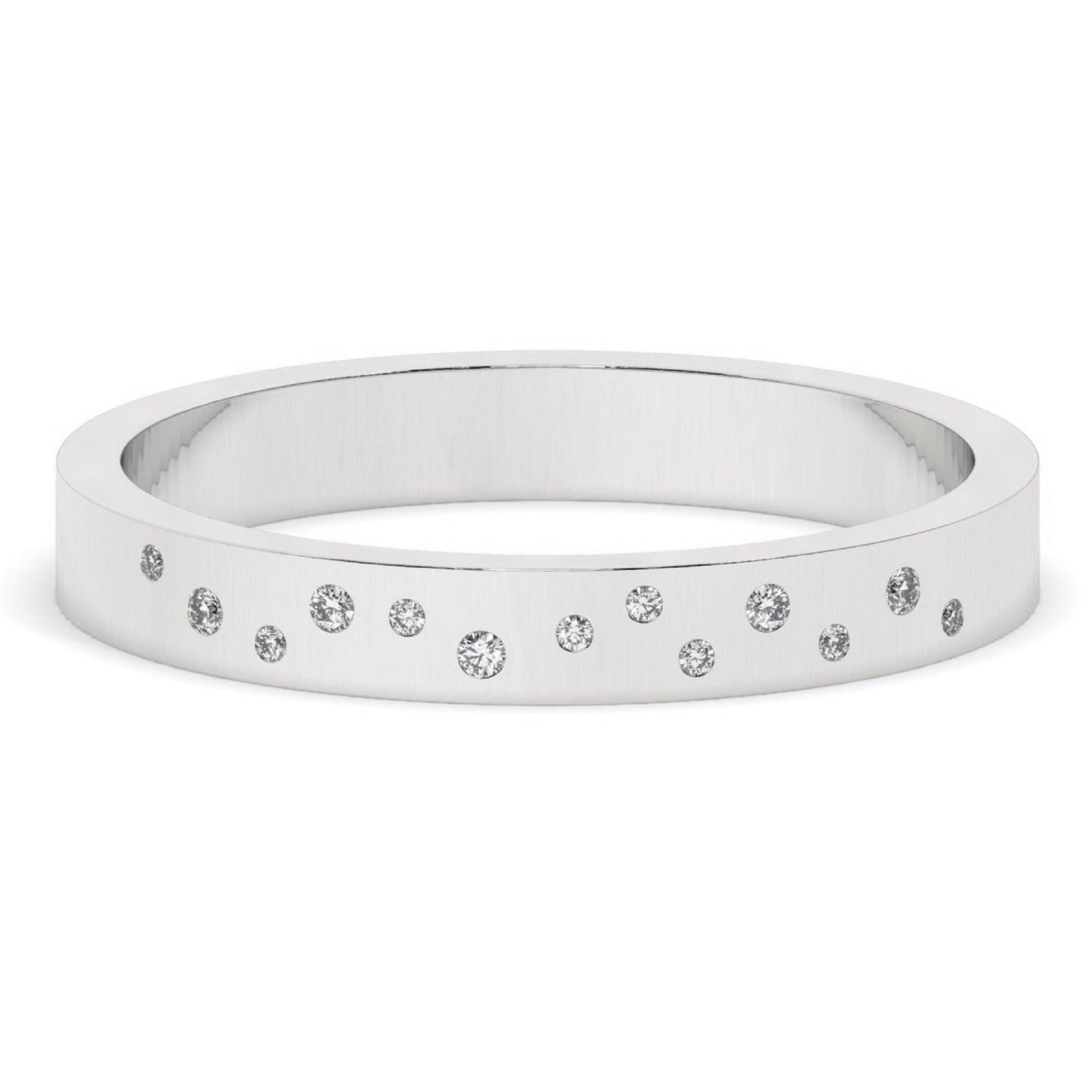 White gold Flush Set Diamond Wedding Band with flush-set lab diamonds in a scattered pattern. A minimalist and timeless wedding ring choice.