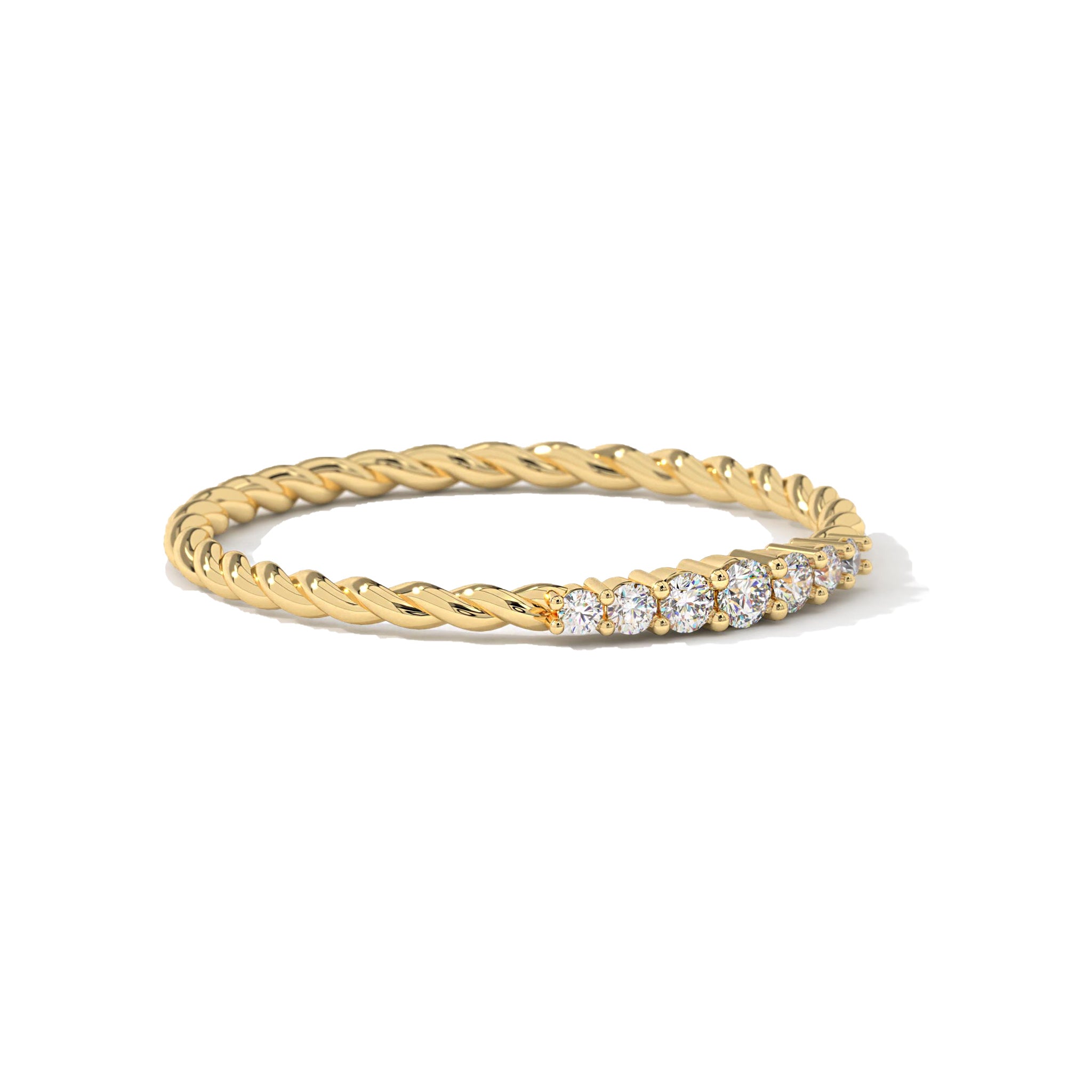 Side view of yellow gold Diamond Wedding Ring - Lab Diamonds | Carat Rio, featuring a twisted rope band and seven round diamonds.