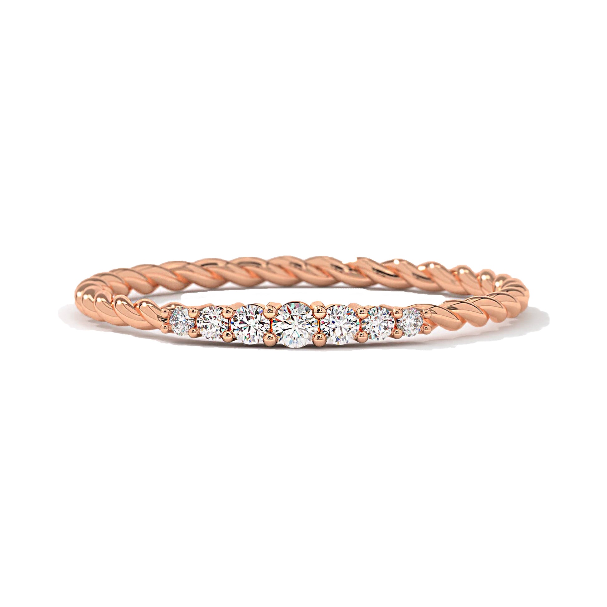 Rose gold Seven Stone Twisted Rope Braided Diamond Wedding Ring with brilliant lab diamonds in a delicate braided band.