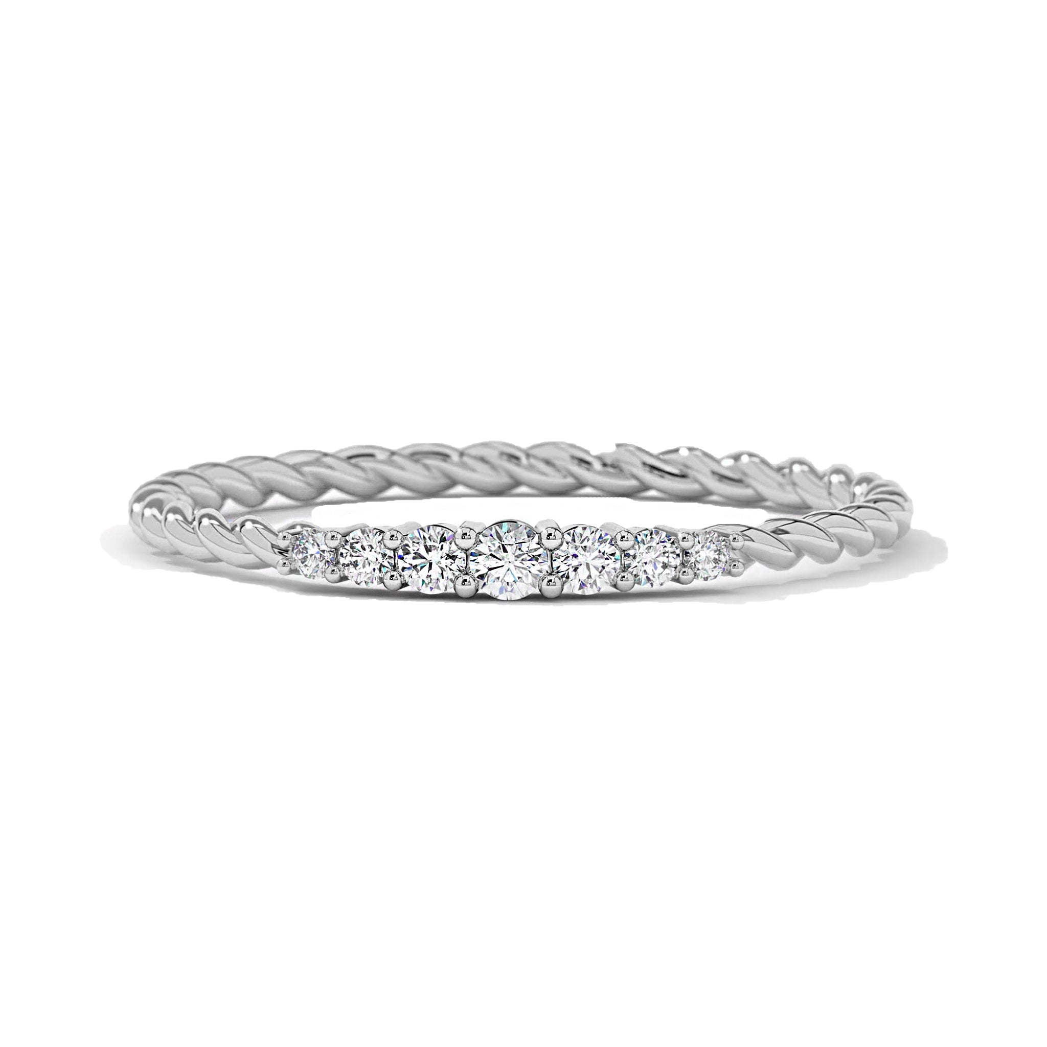 White gold Seven Stone Twisted Rope Braided Diamond Wedding Ring with lab-grown diamonds set in a braided rope-style band.