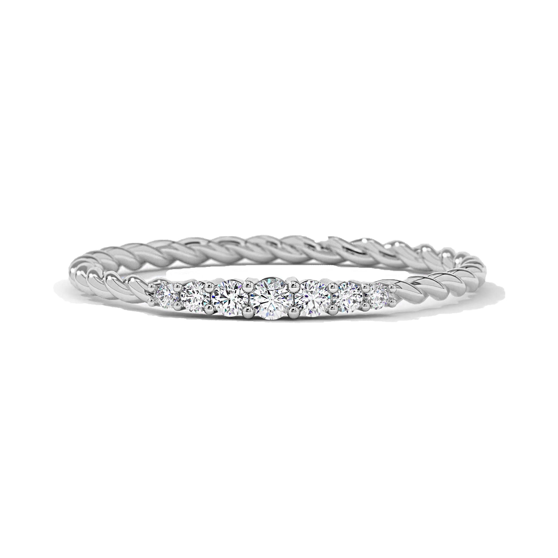 White gold Seven Stone Twisted Rope Braided Diamond Wedding Ring with lab-grown diamonds set in a braided rope-style band.