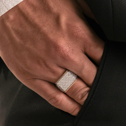 Round Pave Diamond Mens Gold Signet Ring