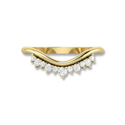 Round Diamond Tiara Ring in yellow gold with chevron band design, ideal for wedding or stackable wear. Features shimmering round diamonds.