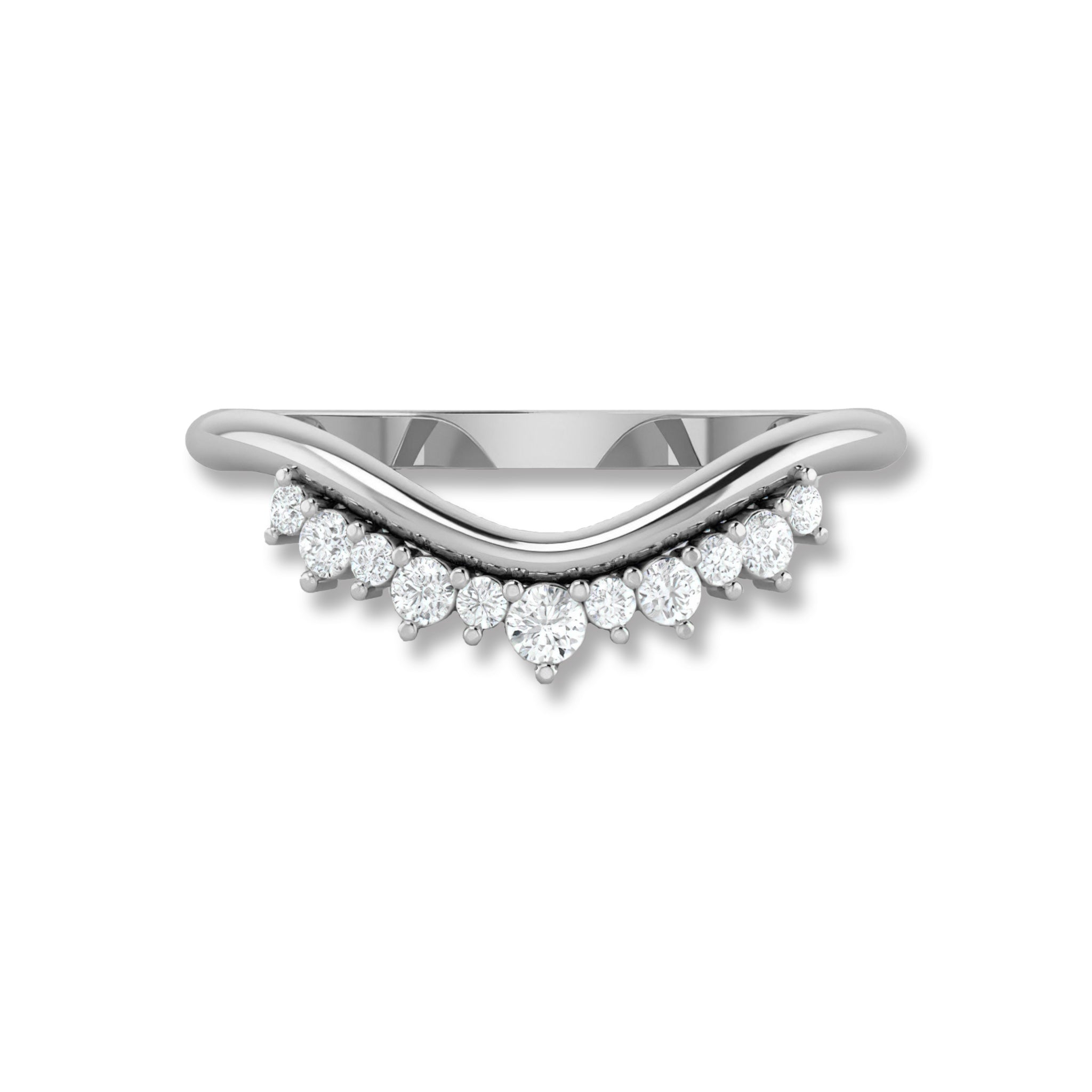 White gold Round Diamond Tiara Ring with chevron curve and round diamonds, perfect as a wedding or anniversary band.