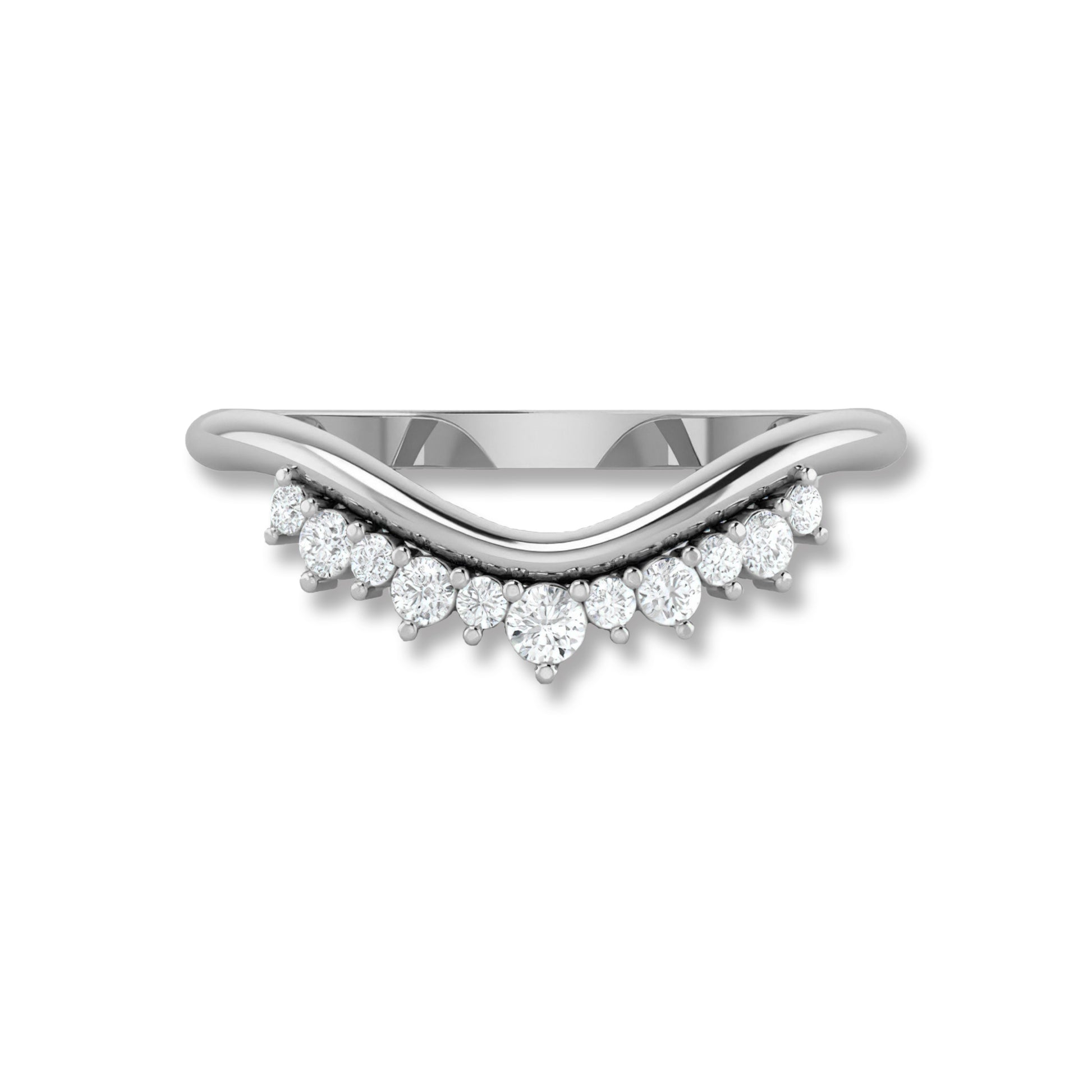 White gold Round Diamond Tiara Ring with chevron curve and round diamonds, perfect as a wedding or anniversary band.