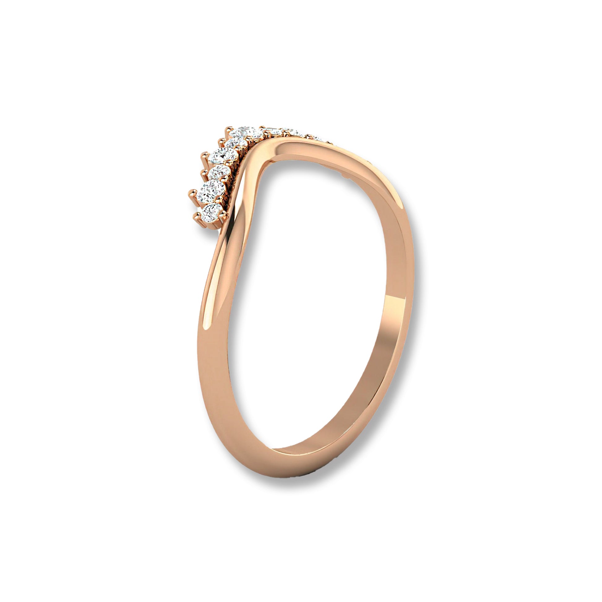 Side profile of rose gold Round Diamond Tiara Wedding Ring showing curved band and sparkling diamond accents.
