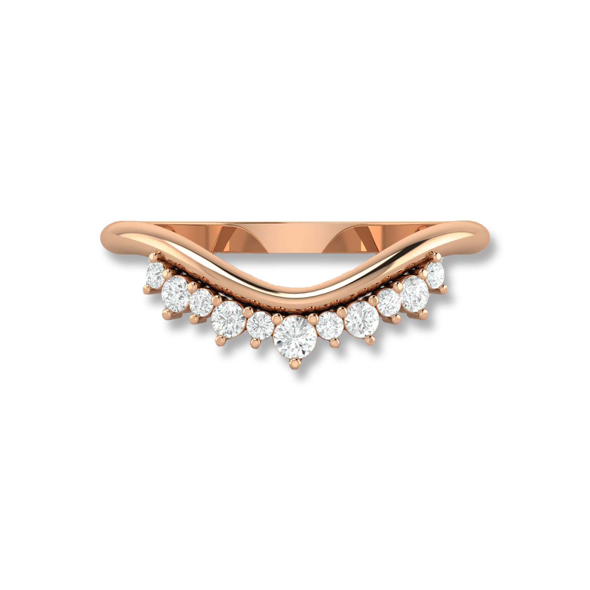 Rose gold Round Diamond Tiara Ring with chevron band and round diamonds, designed for weddings or stacking.